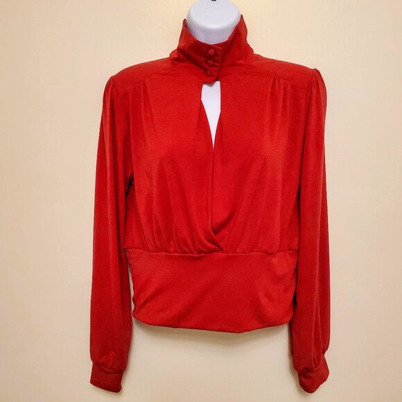 Stiletto Mock Neck Red Long Sleeved Crop Top Peekaboo Front Y2K Vintage - L - Picture 2 of 11